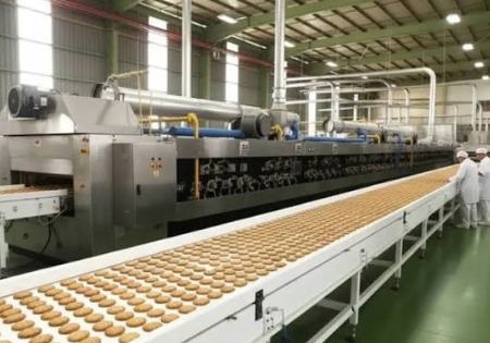 Baked product leaving the tunnel oven on a long cooling conveyor toward packaging