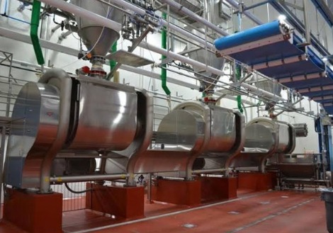 Row of horizontal dough mixers in an industrial bakery