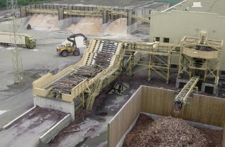 Pulp mill woodyard with chip piles and the chip conveyor feeding the mill