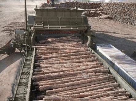 Log deck feeding the debarker infeed at a sawmill